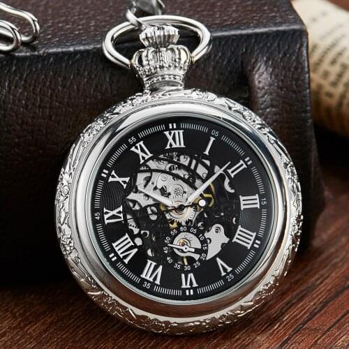 Vintage Crowns Design Carved Number Dial Mechanical Pocket Watch Men Chain Unique Hollow Steampunk Black Mechanical Watch Clock