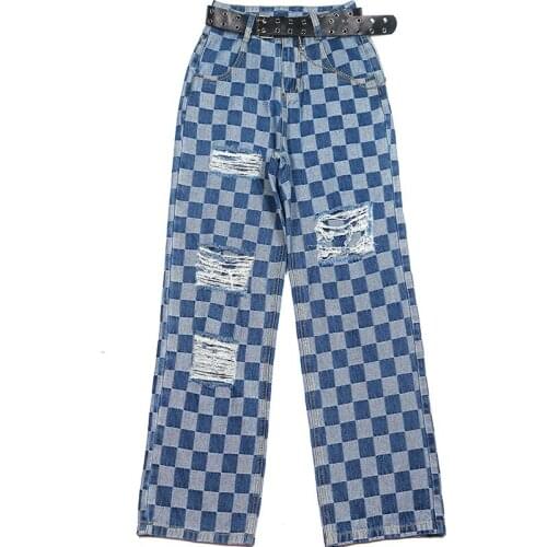 High Waist Holes Plaid Jeans Women Summer Full Length Loose Straight Denim Trousers 2021 Y2K Female StreetWear Jean Pants P176