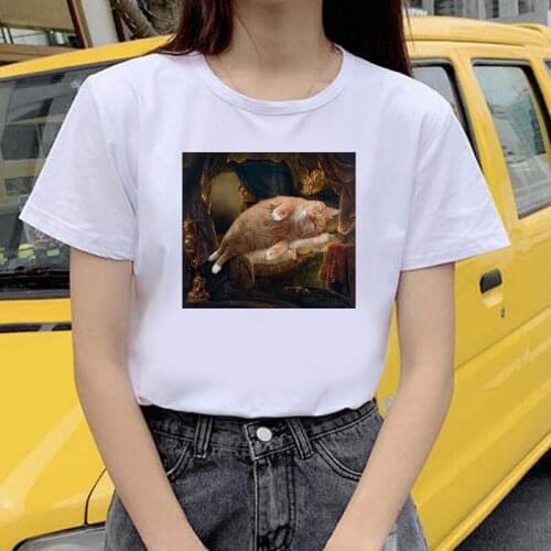Women tshirts Kawaii cat oil painting print T-shirt basic O-neck short-sleeved ladies white graphic girl top T-shirt