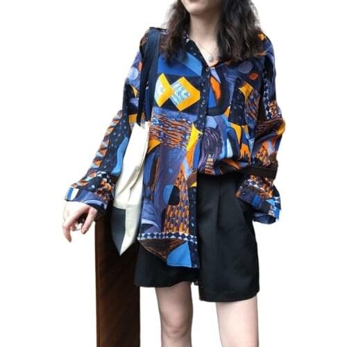 Korean Style Women Shirts Kawaii Fashion Blouse for Girls Long Sleeve Cute Print Button Up Shirt Oversized Tops