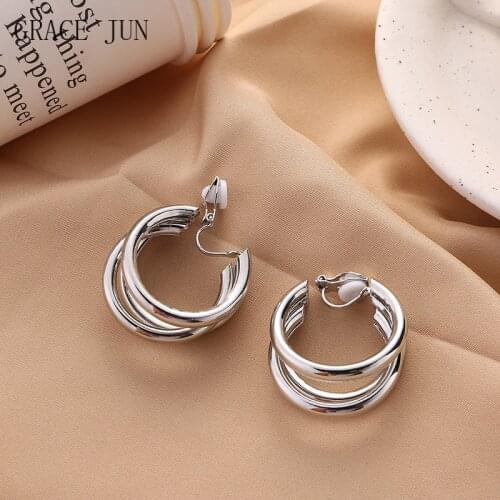 GRACE JUN Fashion Vintage C shape Hoop Clip on Earrings for Women Non Pierced Earrings Party Birthday Cute Ear Clips 2021 New