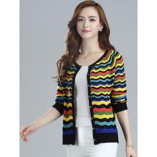 Women Patchwork Colors Knitwear Spring Lady Fashion Stripes Knit Cardigan Hollow Out