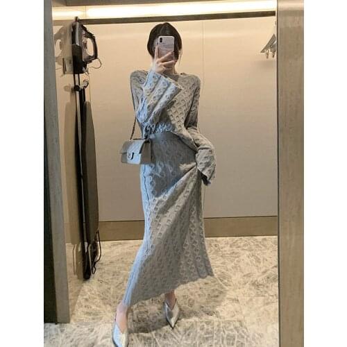 2020 Top Fashion Ankle-length O-neck Cotton New Knit Skirt Suit Fashion Loose Sweater And Long Fishtail Knitted 2-piece Woman