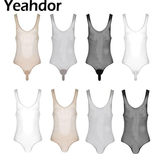 Women Men Glossy Stretchy Lingerie Bodysuit Sexy See-through Singlet Sleeveless Bulge Pouch Leotard Nightwear Exotic Underwear