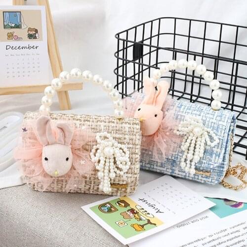 5 Colors Little Girls Sweet Handba Children Lightweight Crossbody Purse Rabbit Pearl Clutch with Chain Strap Coin Purses