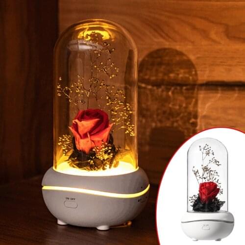 Behogar USB Rechargeable Eternal Rose Flower Essential Oil Aroma Diffuser Lamp Light for Valentines Mothers Day Birthday Gifts