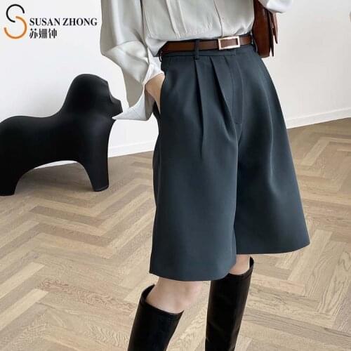 Women Bermudas Female Knee-Length Suit Pants Ladies Trousers Autumn High Waist Zipper Belt Loop Side Pocket Pleat Office Elegant