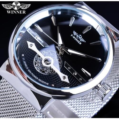 Winner Men Fashion Mechanical Watch Business Slim Hollow Black Automatic Movt Waterproof Steel Mesh Band Clock Relogio Masculino