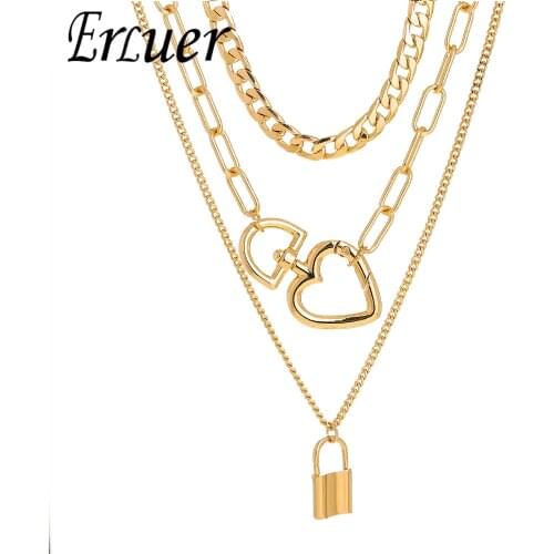 ERLUER 2021 3pcs Multilayer Choker Heart Pearl Necklace For Women Lock Pendant Chain Statement Hiphop Gifts Jewelry Accessories