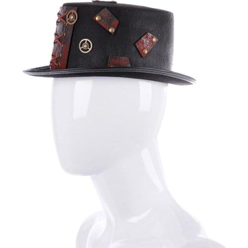Halloween Heavy Metal Vintage Top Hat Steampumk Victorian Gothic Gear Faux Leather Patchwork Cosplay Party Jazz Cap