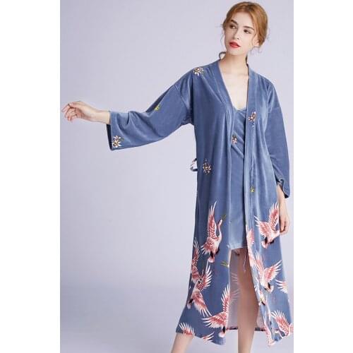 2 Pieces Velvet Ladies Nightgown suit Winter Cranes Sling Nightdress long style Comfortable Warm and Beautiful