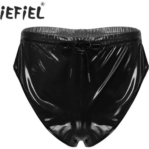 Summer Men Wet Look Briefs Elastic Mid Waist Drawstring Underpants Solid Color Pocket Back Panties for Pole Dance Performance