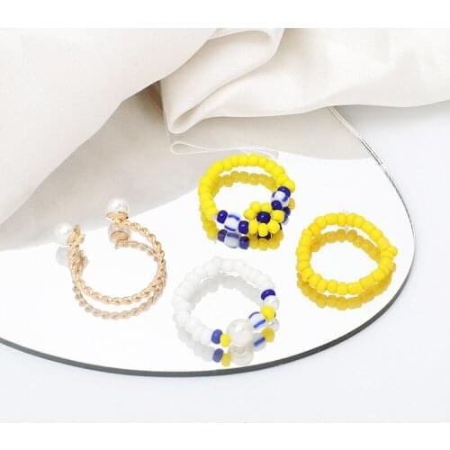 2021 Trend Boho Beaded Rings for Women Summer Beach Handmade Elastic Adjustable Rings Set Cute Flower Girls Party Jewelry Gifts