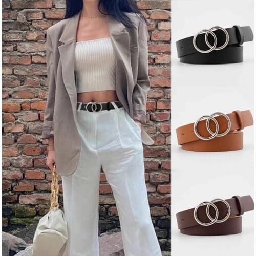 Fashion Leather Waist Belt For Jeans Double Ring Pearl Buckle Ladies Belt For Dresses Black White Women Belt Wild Waistband