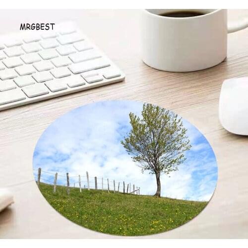 MRGBEST In Stock Round Small Size Mouse Pad Nature Rubber Pads Green Tree Picture Thermal Transfer Desk Mat for Gaming or Office