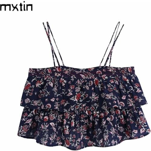 MXTIN 2021 Women Summer Fashion Sexy Floral Print Cropped Vintage Ruffle Backless Thin Straps Female Camis Chic Tops