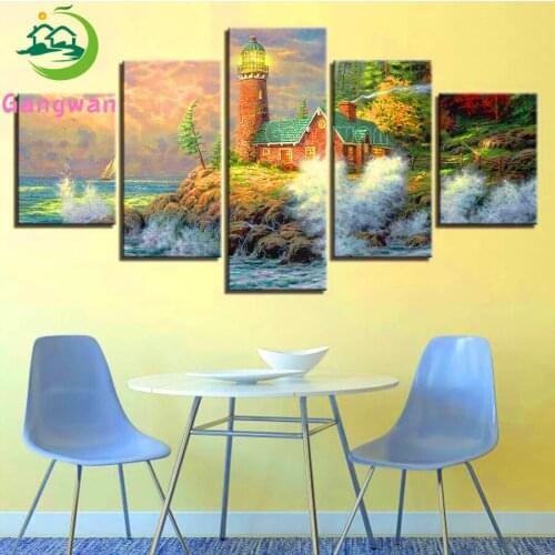 5 Pieces Diamond Painting Fairy Tale Small Town Lighthouse Multi-Picture Diamond Embroidery dream house Full Square Round Drill