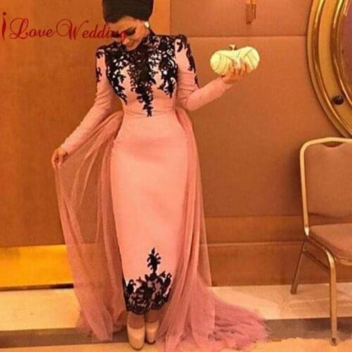 New Fashion High Neck Long Sleeves Evening Dress Custom made Dubai Black Lace Applique Formal Ankle Length Evening Gown