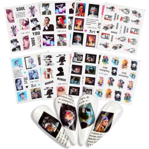 New Designs Face Flower Nail Stickers English Letter Transfer Decals Gel Polish Sliders Nail Art Decoration