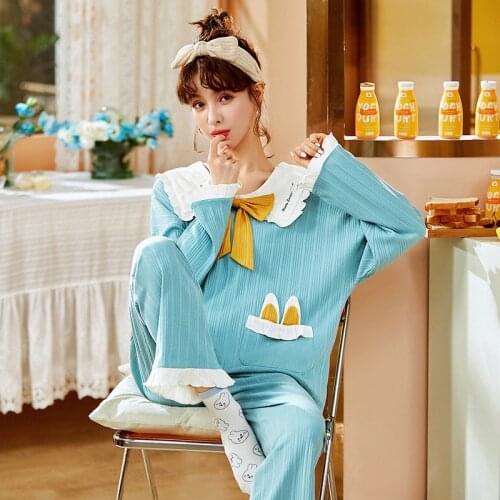 Dot Doll Collar Women Pajamas Set Autumn Cotton Long Sleeve Nightwear Cute Yellow Rabbit Pocket Sleepwear Girls Casual Homewear