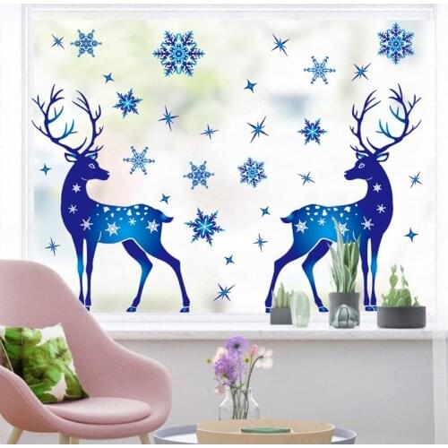 Xmas Window Stickers Blue Starlight Deer Christmas Elk Wall Sticker for Kids Room Bedroom Living Room Home Cartoon Wall Decals