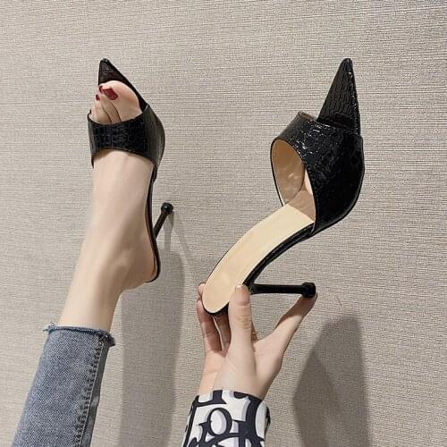 Womens Sandals 2021 Summer New Fashion Multicolor Pointy Toe Croc Charms Mule Slides On Heel Plus Size 35-43