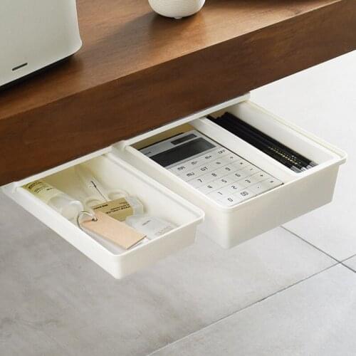 Under Desk Hidden Storage Drawer with Cover Self Adhesive Office Kitchen Table Bottom Sundries Stationery Organizer Holder Box