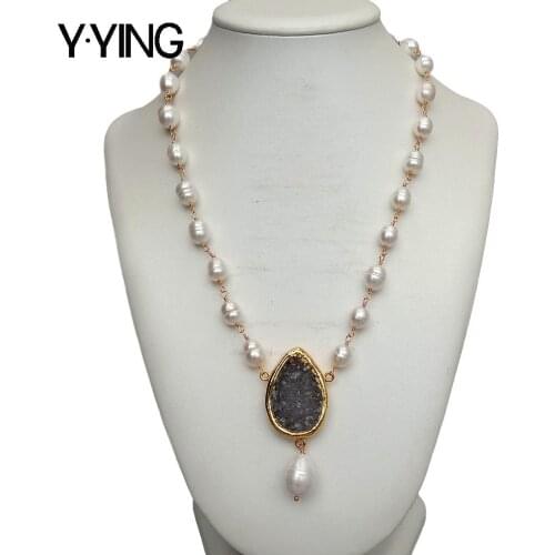 Y·YING Cultured White Rice Pearl Rosary Chain choker Necklace Quartzs Druzy Pendant 19"