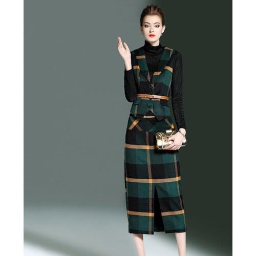 4040 Autumn Women Skirts Plaid Pencil Skirt faldas mujer Long Skirt + Vest Tops 4 Pieces Set Womens Suits 05083