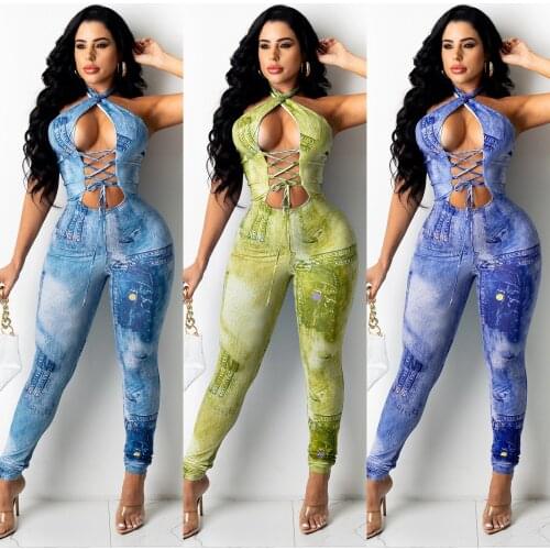 Sexy Print Lace Cross Halter Backless Jumpsuit Women Fashion Streetwear Hollow Out Lace Up Pants Body Romper Women Jumpsuit