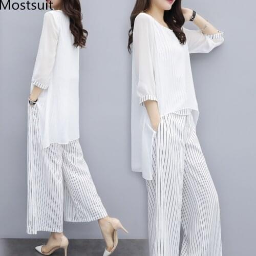 S-3xl Summer Chiffon 2 Two Piece Sets Outfits Women Plus Size Asymmetrical Blouses And Wide Leg Pants Suits Elegant Korean Sets