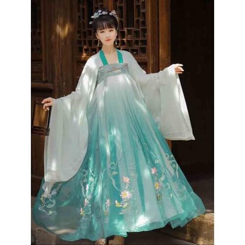 Chinese Tradition Embroidery Hanfu Women Female Cosplay Costume Summer Gradient Green Dress Hanfu Gift For Lady Plus Size XL