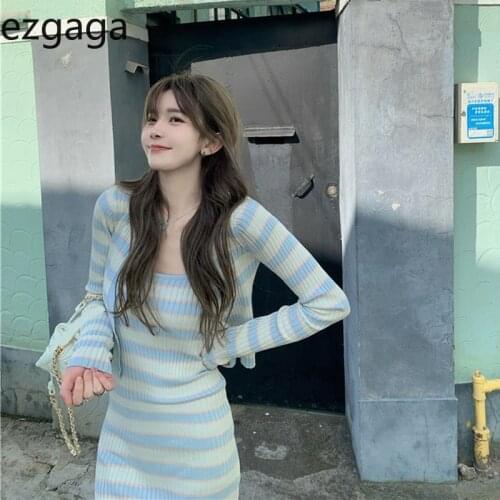 Ezgaga Knitted Two Piece Set Women Striped Cropped Cardigan Slim Spaghetti Strap Dress Autumn New Korean Chic Casual Suits