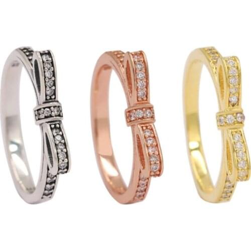 Authentic 925 Sterling Silver Pandora Ring Fine SParkling Bow With Crystal Rings For Women Wedding Party Gift Fine Jewelry