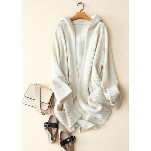 Winter new style cashmere merino wool cardigan long womens fashion thick hooded coat