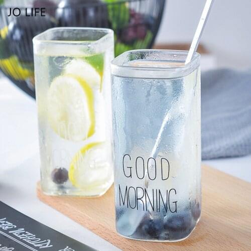 JO LIFE 1PC Transparent Black/White Good Morning 400ML Coffee Mug Rectangle Drinking Glasses Milk Juice Glass Cup
