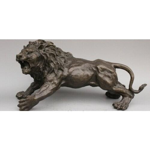 15" CHINA CHINESE BRONZE COPPER ANIMALS STRONG RUNNING LION LEO STATUE SCULPTURE STATUES GARDEN DECORATION