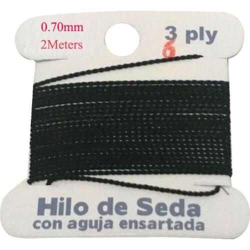 2M Long 0.7mm in Diameter Black 100% Natural Silk Beading Cord with Needle Attached