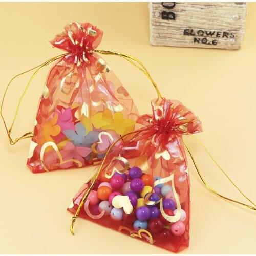 9x12cm (3.54"x4.72")200pcs Red Heart Organza Bag Organza Pouches Wedding Decoration Favour New Year Gift Craft Drawstring Pack