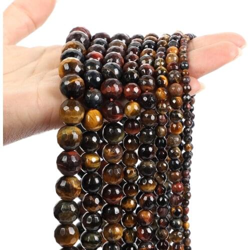 Faceted Red Brown Gold Tiger Eye Natural Stone Beads Multicolor Round Loose Spacer Bead For Jewelry Making DIY Bracelets 4-12mm