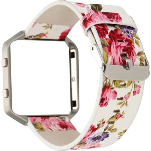 Colorful Flower Genuine Leather Strap For Fitbit Blaze Band Floral Bracelet Wristband with Silver Metal Frame Cover Bumper Case