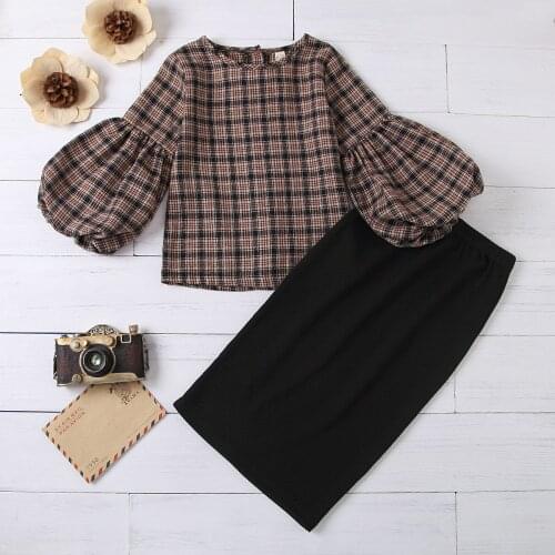 FOCUSNORM Fashion Kids Girls Clothes Sets Long Lantern Sleeve Brown Plaid Top + Black Solid Knit Ankle Length Skirts 1-6Y