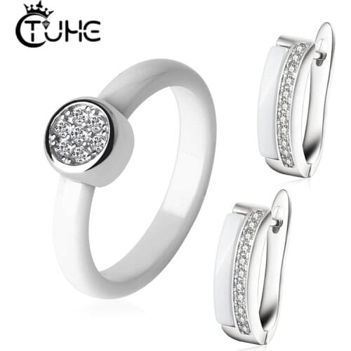 3mm Round Crystal Ceramic Rings For Women Fashion Jewelry With Tiny Cute Ceramic Earrings Wedding Party Jewelry Set Smooth Rings