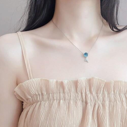 ModaOne Fishtail Mermaid Silver Color Blue Crystal Clavicle Chain Necklace For Women Girls Dainty Cute Korean Jewelry Gifts