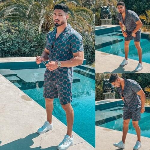 Fashion Hawaiian Print Short Sleeve Shirt Set Mens Beach Coconut Print Shorts Mens Daily Beach Shirt Set Two-piece M-3XL