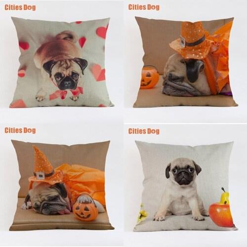 Pug decorative pillows cushion covers new Year decoration gift Pugs dog Linen 35x35 45x45 55x55cm Pillowcase almofada cojines