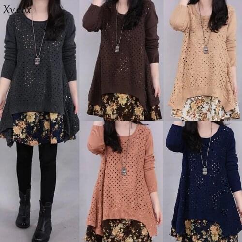 Autumn Winter Womens Long sleeve Knitted Floral Dress Loose Casual Party Dress