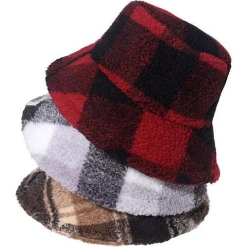 Autumn and Winter Neutral Check Pattern Wild Casual Thickened Artificial Fur Warm and Windproof Fluffy Dome Fisherman Hat