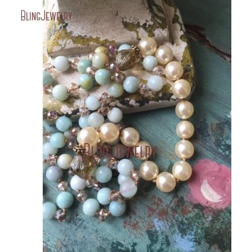Boho Chic Knot Faceted Amazonite Beads and Pearls Beads Necklace Layering Necklace NM18287