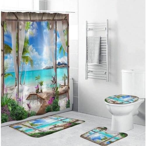 Beach Vacation Shower Curtain Set Bath Mats Rugs Seaside Scenery Anti-slip Mat Pedestal Toilet Lid Cover Bathroom Curtains